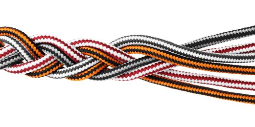 Photo of Colorful ropes tied together isolated on white. Unity concept