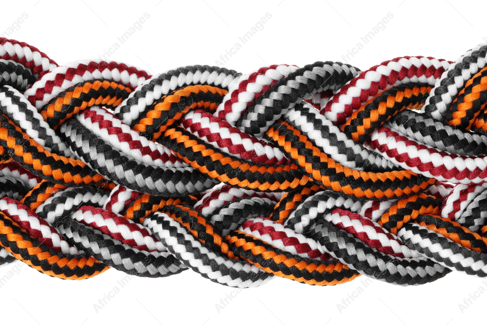 Photo of Colorful ropes tied together isolated on white. Unity concept