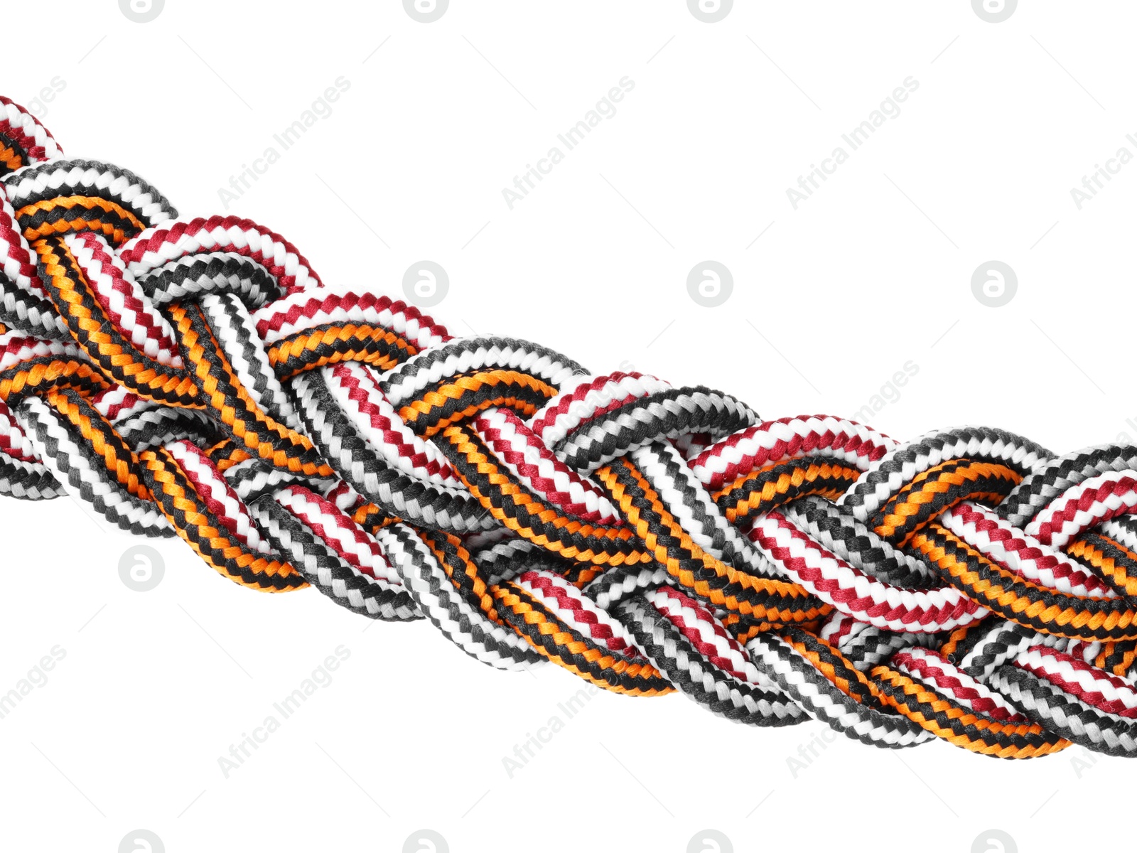 Photo of Colorful ropes tied together isolated on white. Unity concept