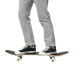 Photo of Man riding skateboard on white background, closeup