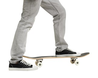 Photo of Man with skateboard on white background, closeup