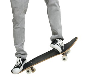 Photo of Man with skateboard on white background, closeup