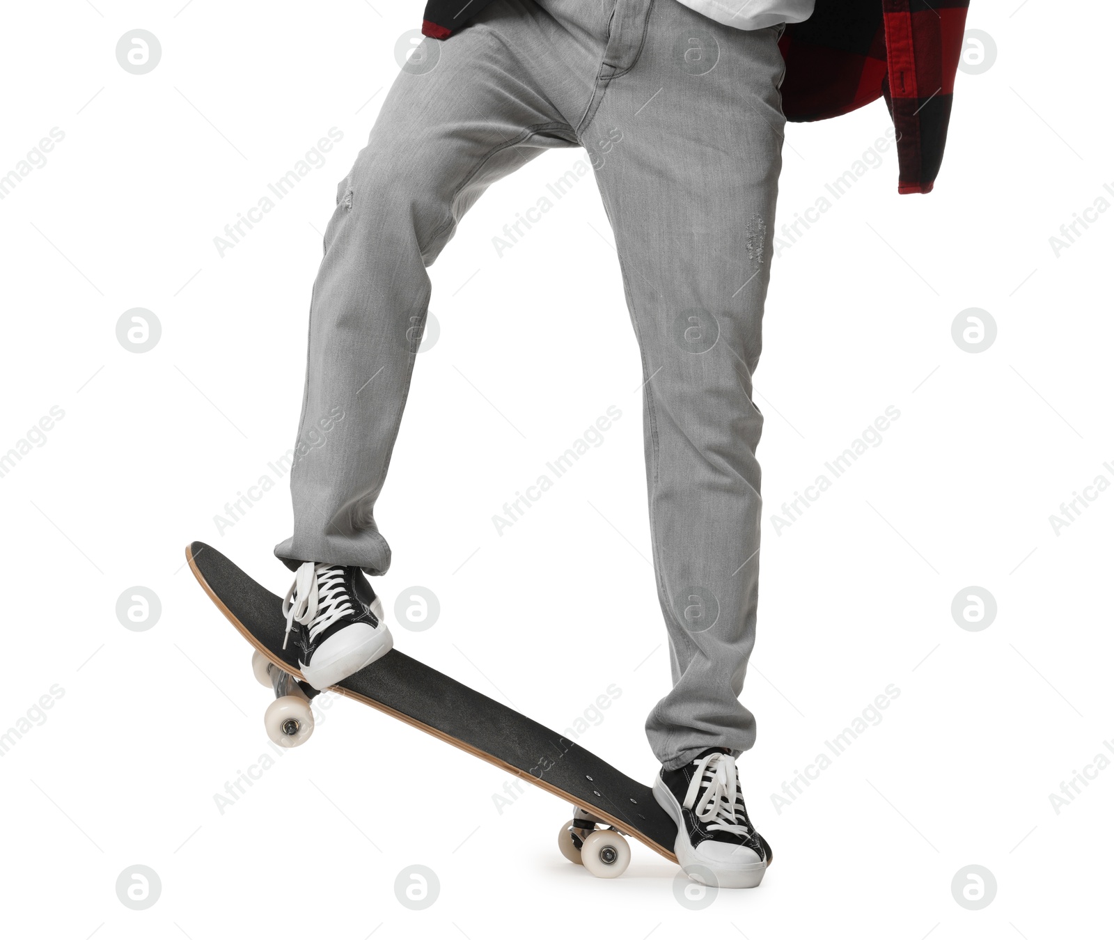 Photo of Man with skateboard on white background, closeup