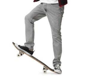 Photo of Man with skateboard on white background, closeup