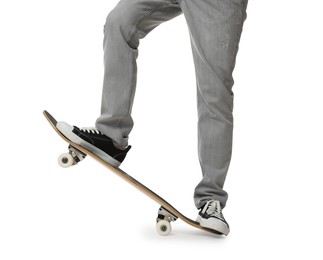 Photo of Man with skateboard on white background, closeup