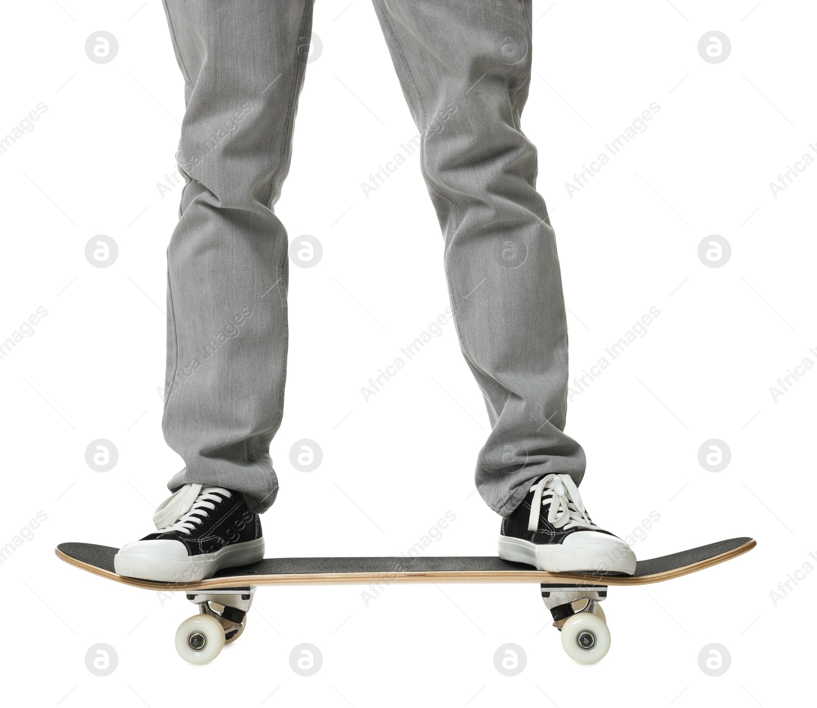 Photo of Man with skateboard on white background, closeup