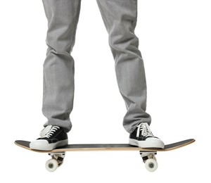 Man with skateboard on white background, closeup