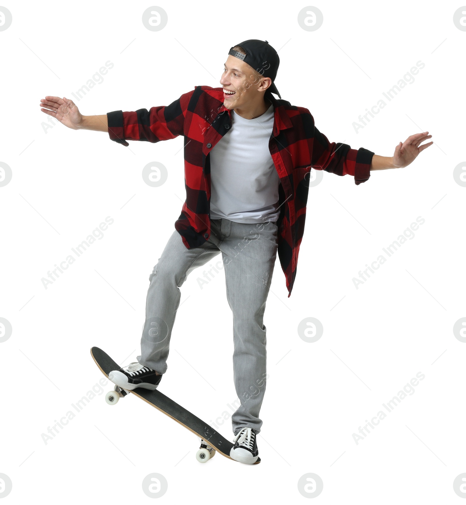 Photo of Happy man with skateboard on white background