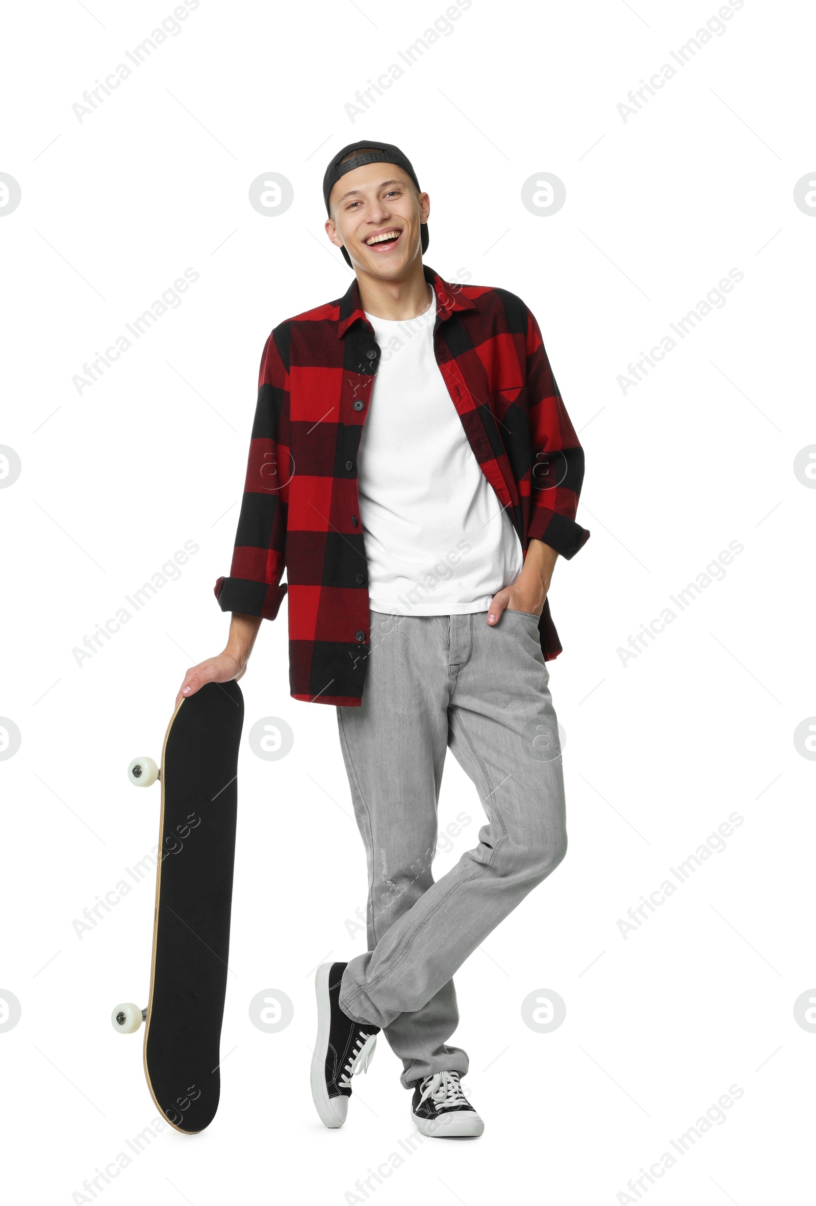 Photo of Happy man with skateboard on white background