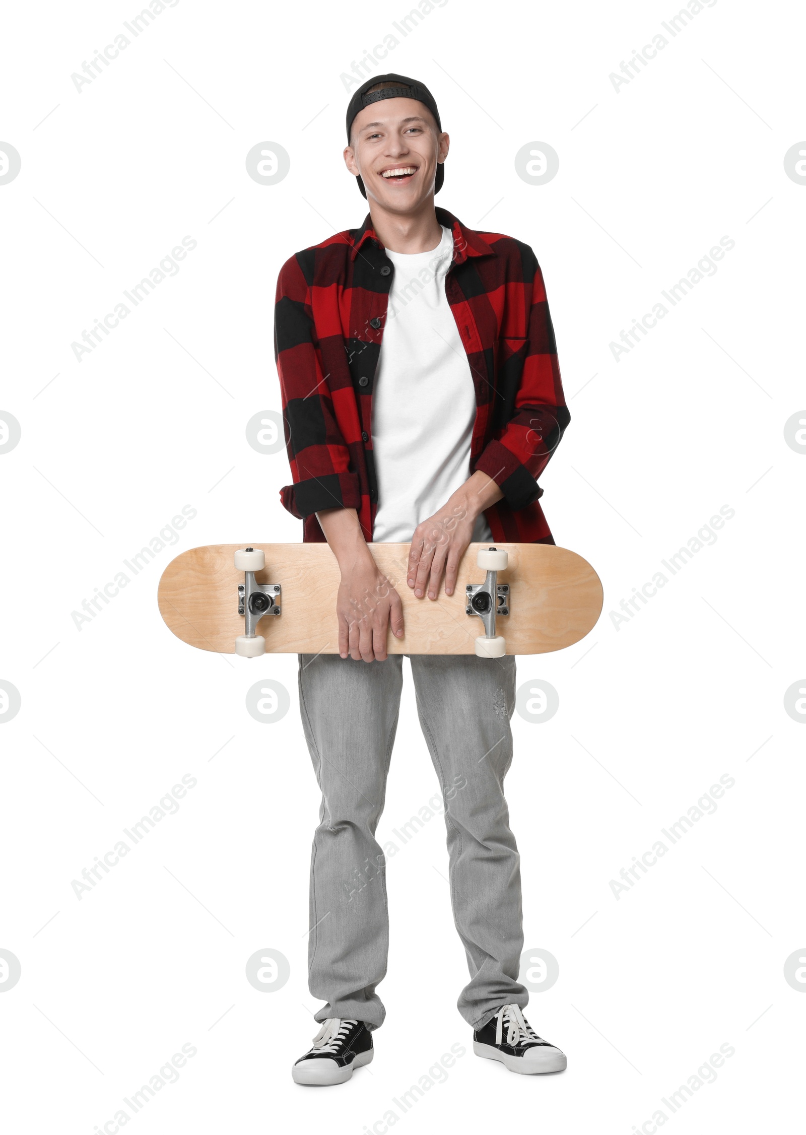 Photo of Happy man with skateboard on white background