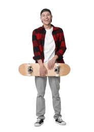 Photo of Happy man with skateboard on white background