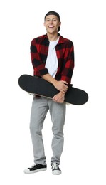 Photo of Happy man with skateboard on white background