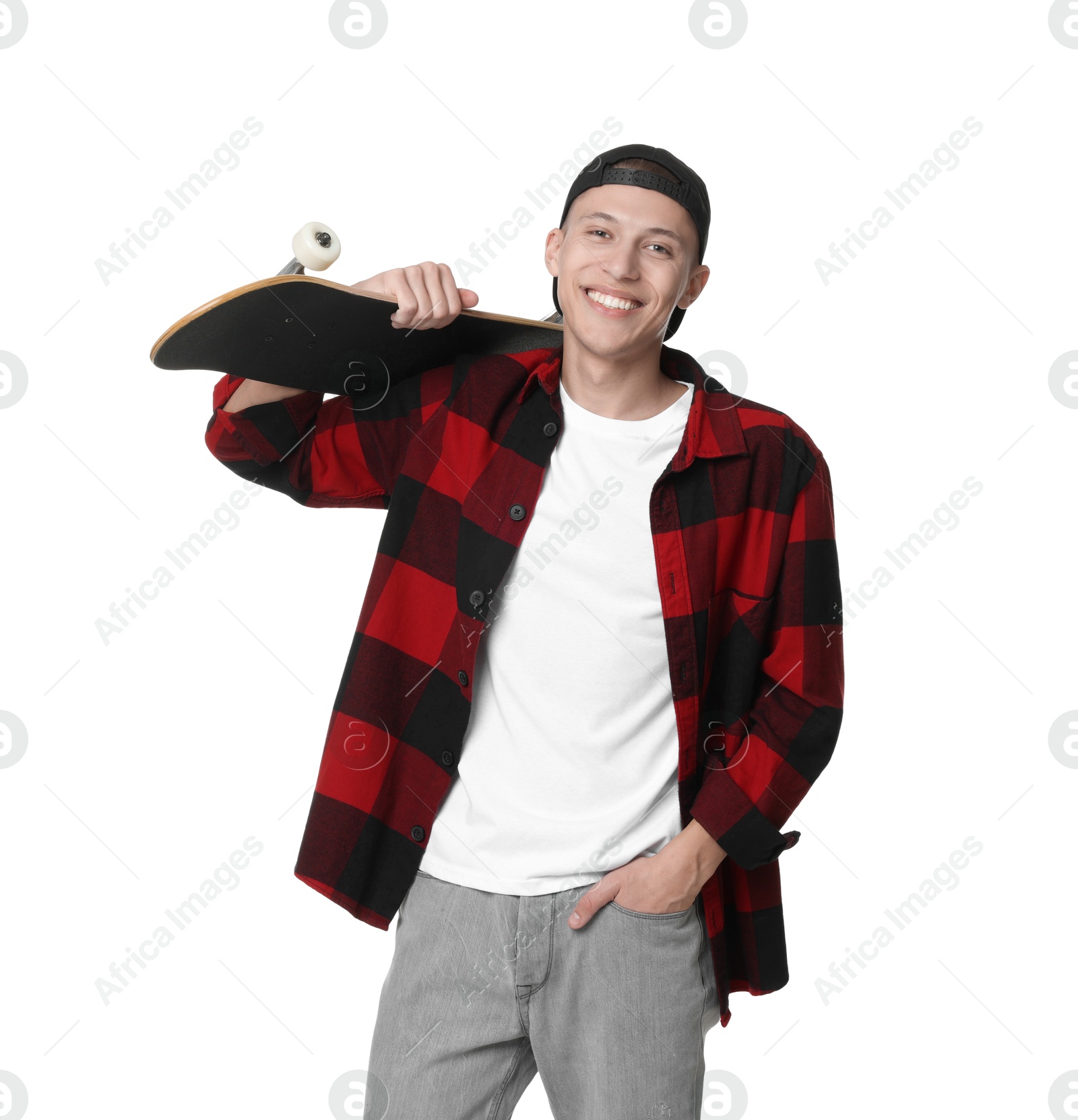 Photo of Happy man with skateboard on white background