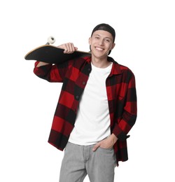 Photo of Happy man with skateboard on white background