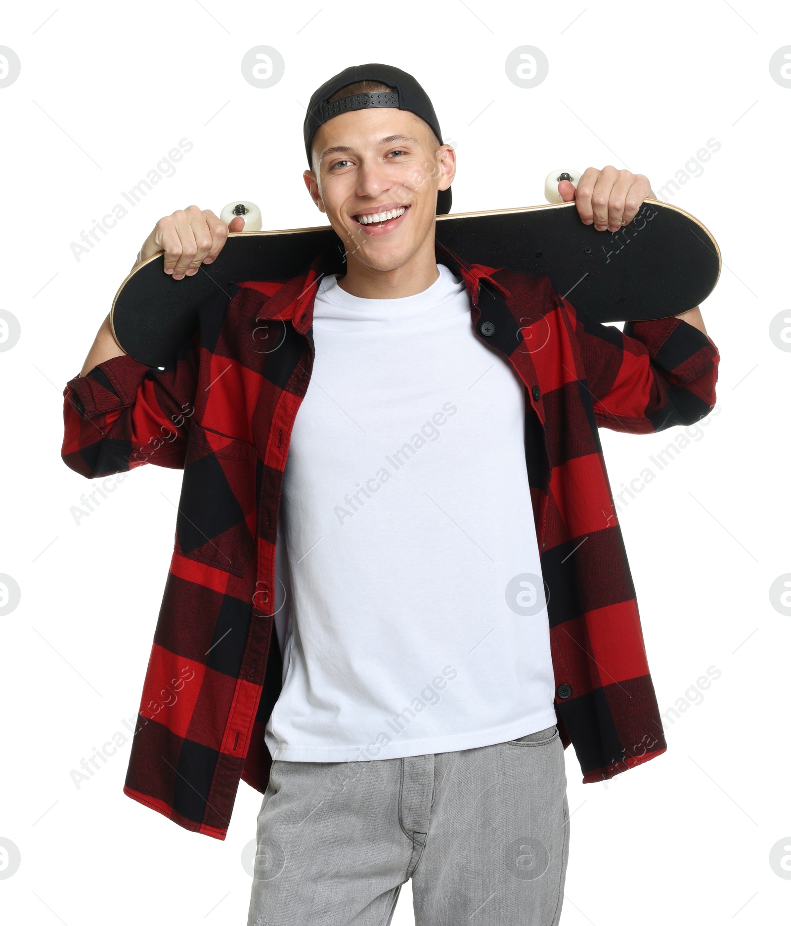 Photo of Happy man with skateboard on white background