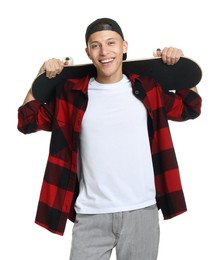 Photo of Happy man with skateboard on white background