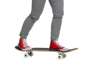 Photo of Woman riding skateboard on white background, closeup