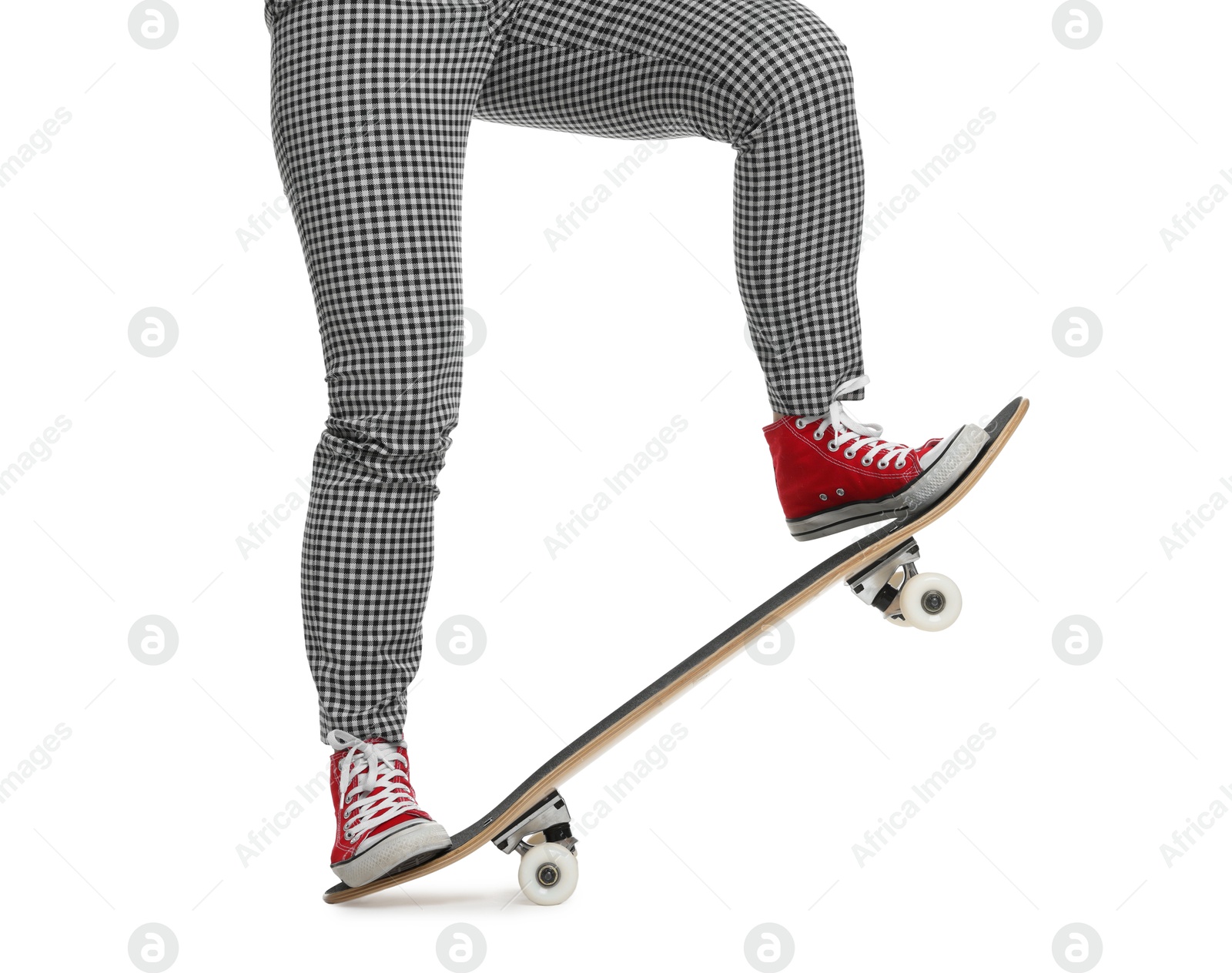 Photo of Woman with skateboard on white background, closeup