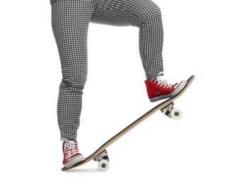 Woman with skateboard on white background, closeup