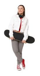 Photo of Smiling woman with skateboard on white background