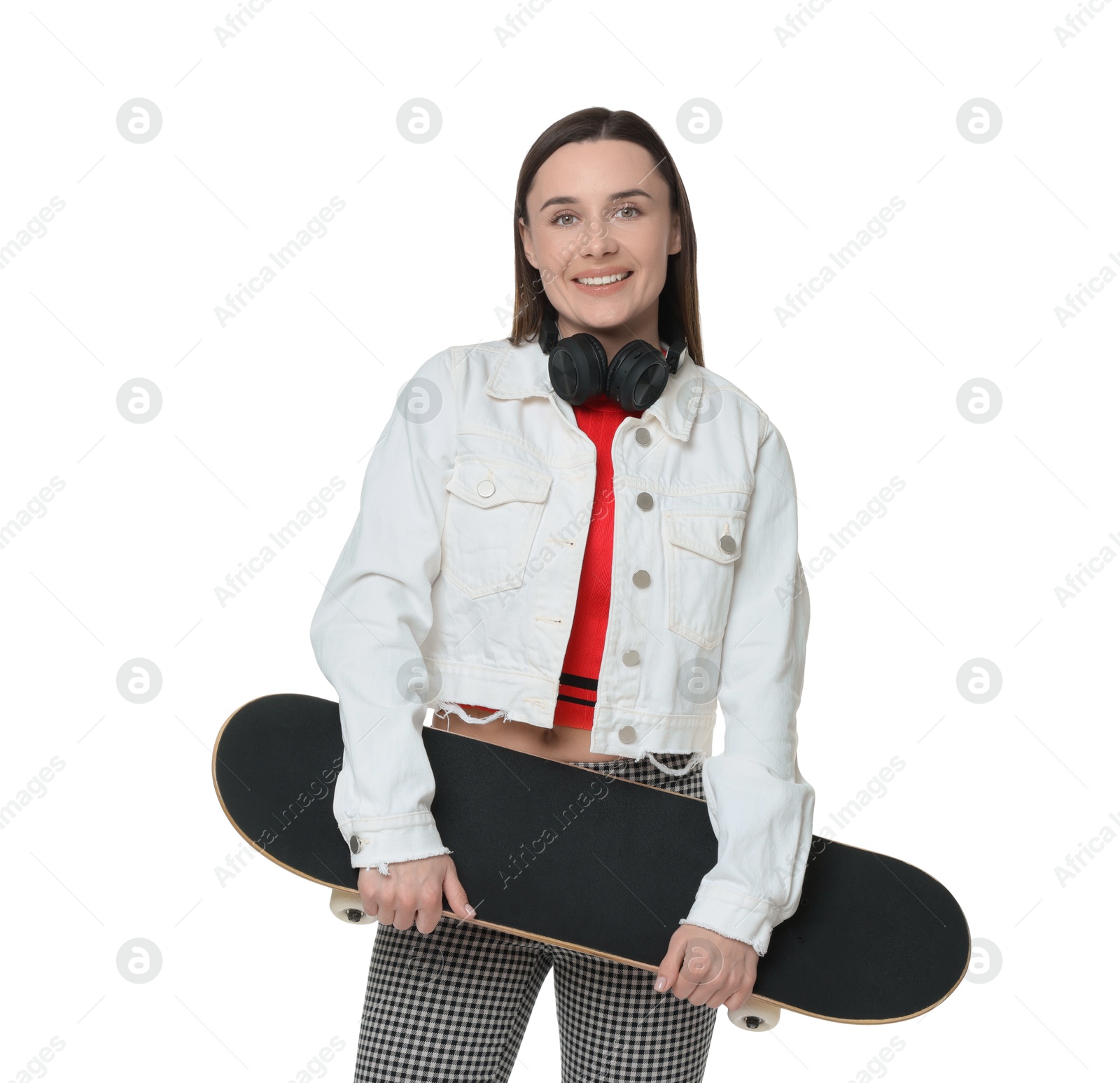 Photo of Smiling woman with skateboard on white background