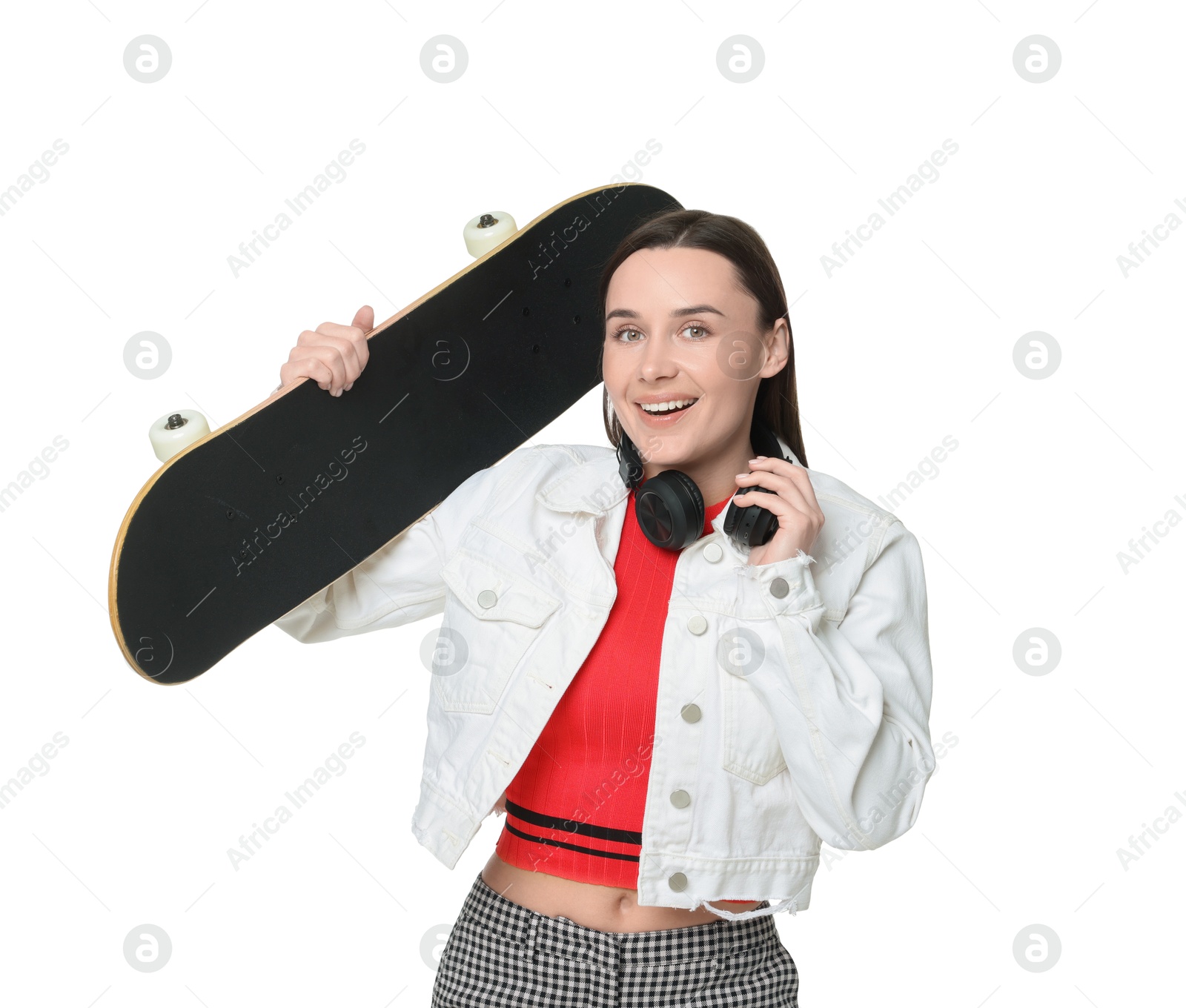 Photo of Smiling woman with skateboard on white background