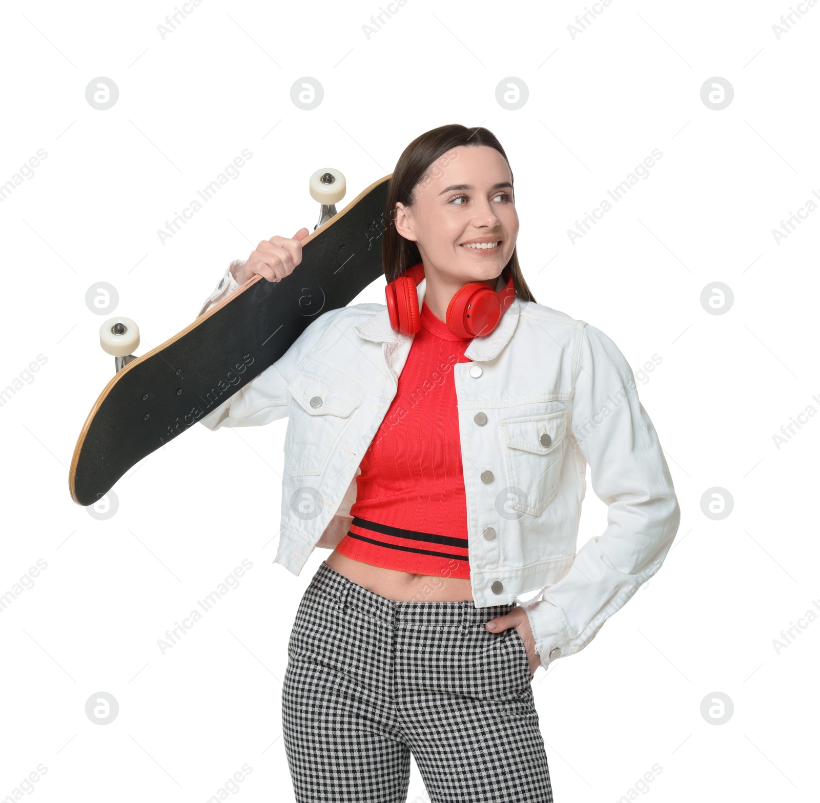 Photo of Smiling woman with skateboard on white background