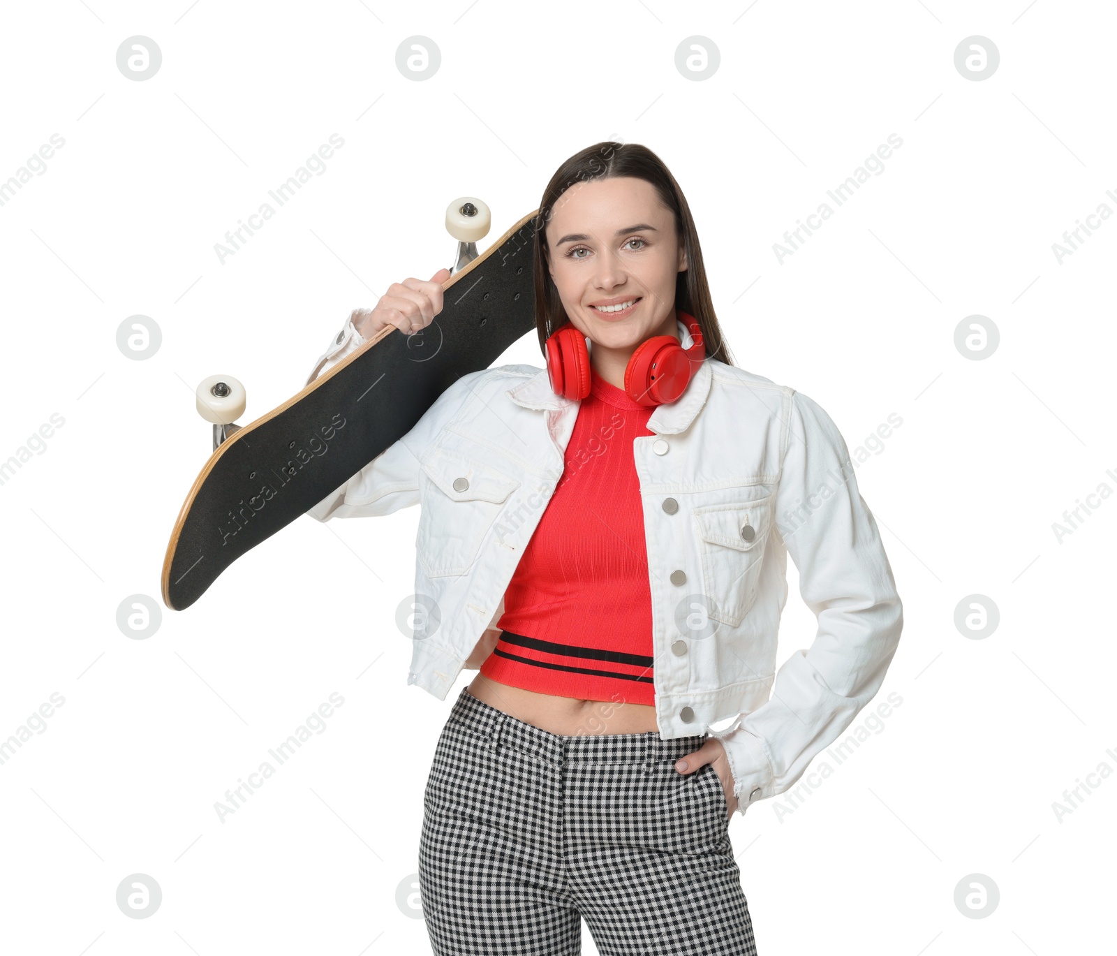 Photo of Smiling woman with skateboard on white background