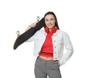 Photo of Smiling woman with skateboard on white background