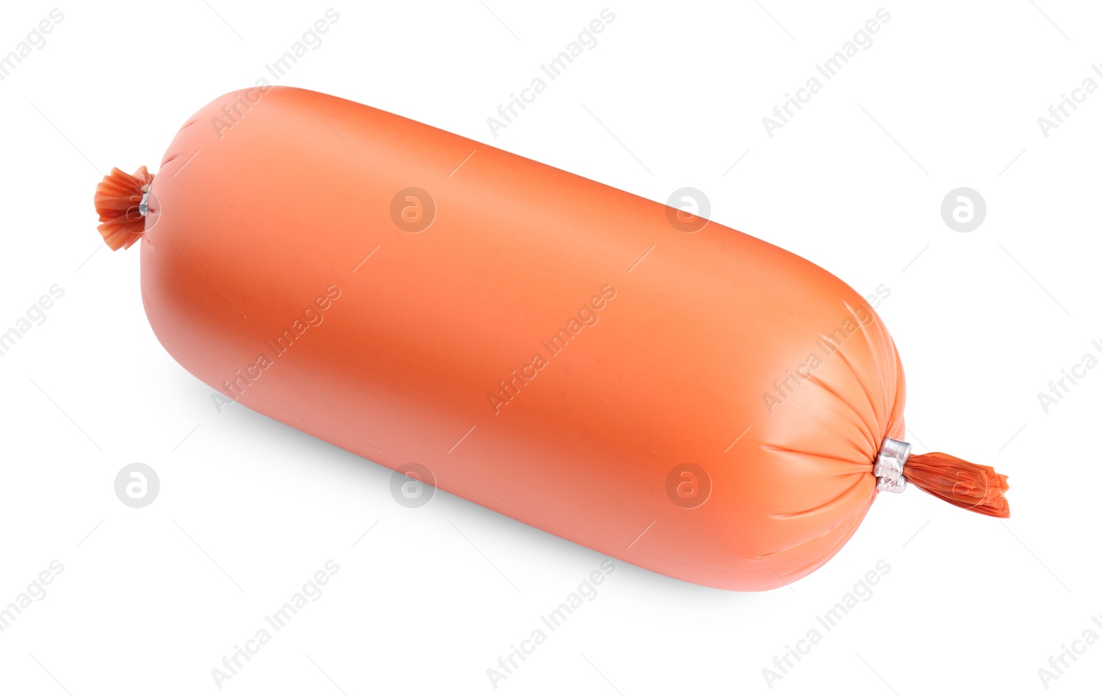 Photo of One tasty boiled sausage isolated on white