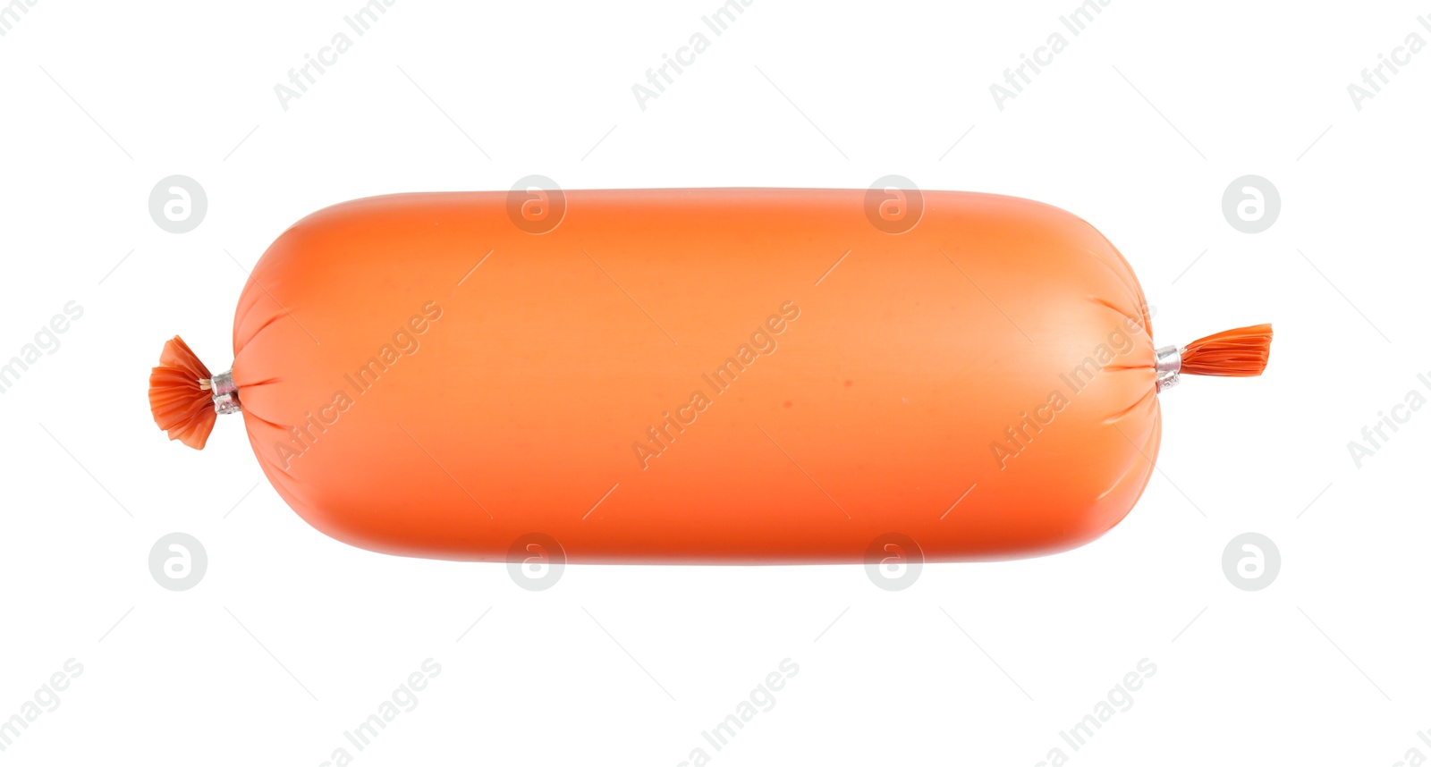 Photo of One tasty boiled sausage isolated on white, top view