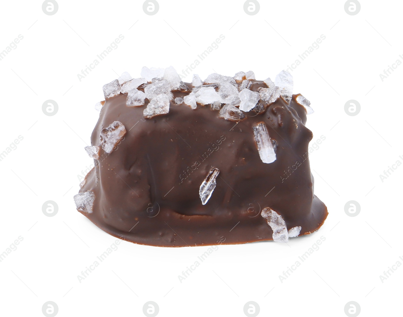 Photo of One tasty chocolate candy with salt isolated on white