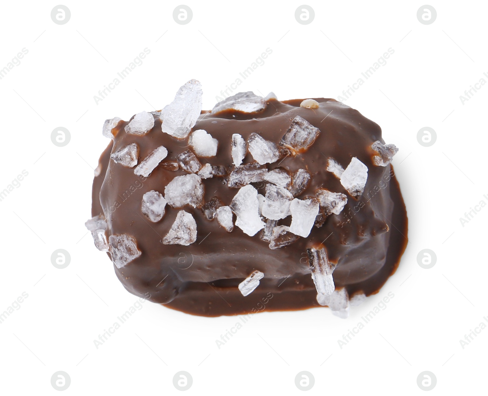 Photo of Tasty chocolate candy with salt isolated on white, top view