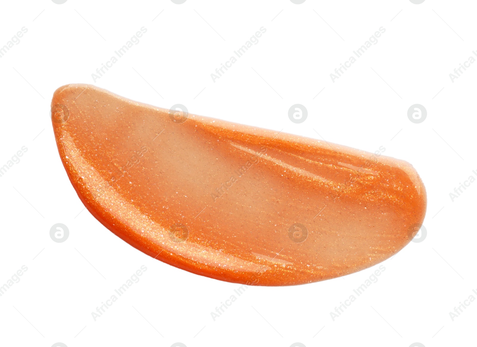 Photo of Orange lip gloss isolated on white, top view. Sample of cosmetic product