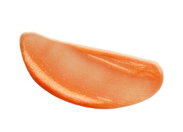 Photo of Orange lip gloss isolated on white, top view. Sample of cosmetic product