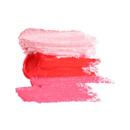 Photo of Samples of bright lipsticks isolated on white, top view