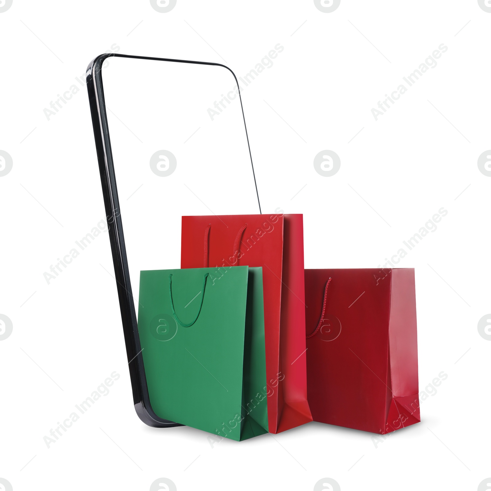 Image of Mobile phone with shopping bags isolated on white. Concept of online shopping, purchase via internet