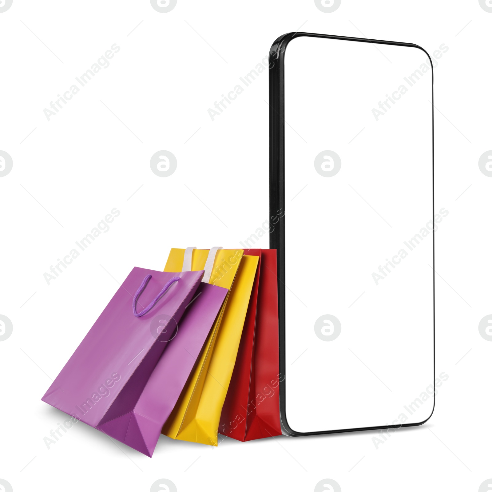 Image of Mobile phone and shopping bags isolated on white. Concept of online shopping, purchase via internet