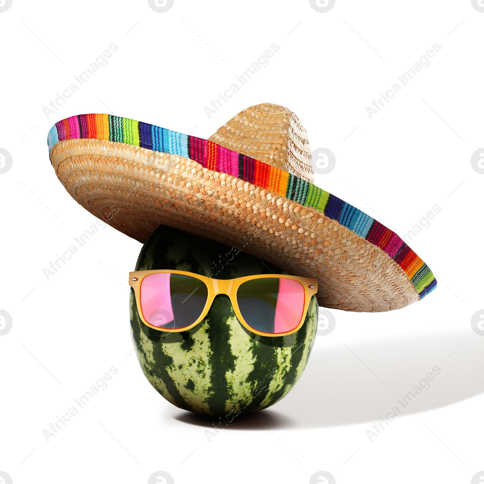 Image of Senor watermelon with Mexican sombrero hat and sunglasses on white background