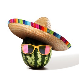 Image of Senor watermelon with Mexican sombrero hat and sunglasses on white background