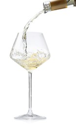 Photo of Pouring wine into glass isolated on white