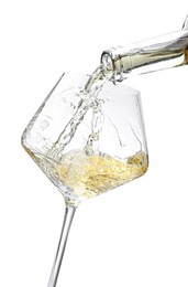 Photo of Pouring wine into glass isolated on white