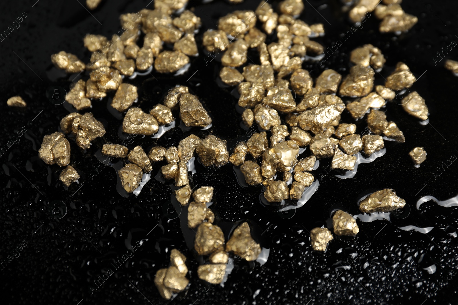 Photo of Gold nuggets on wet black surface, closeup