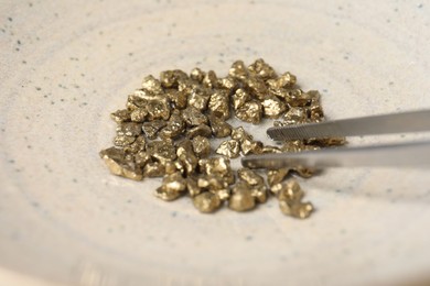 Photo of Tweezers with gold nuggets in bowl, closeup