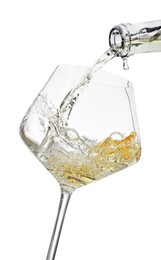 Photo of Pouring wine into glass isolated on white