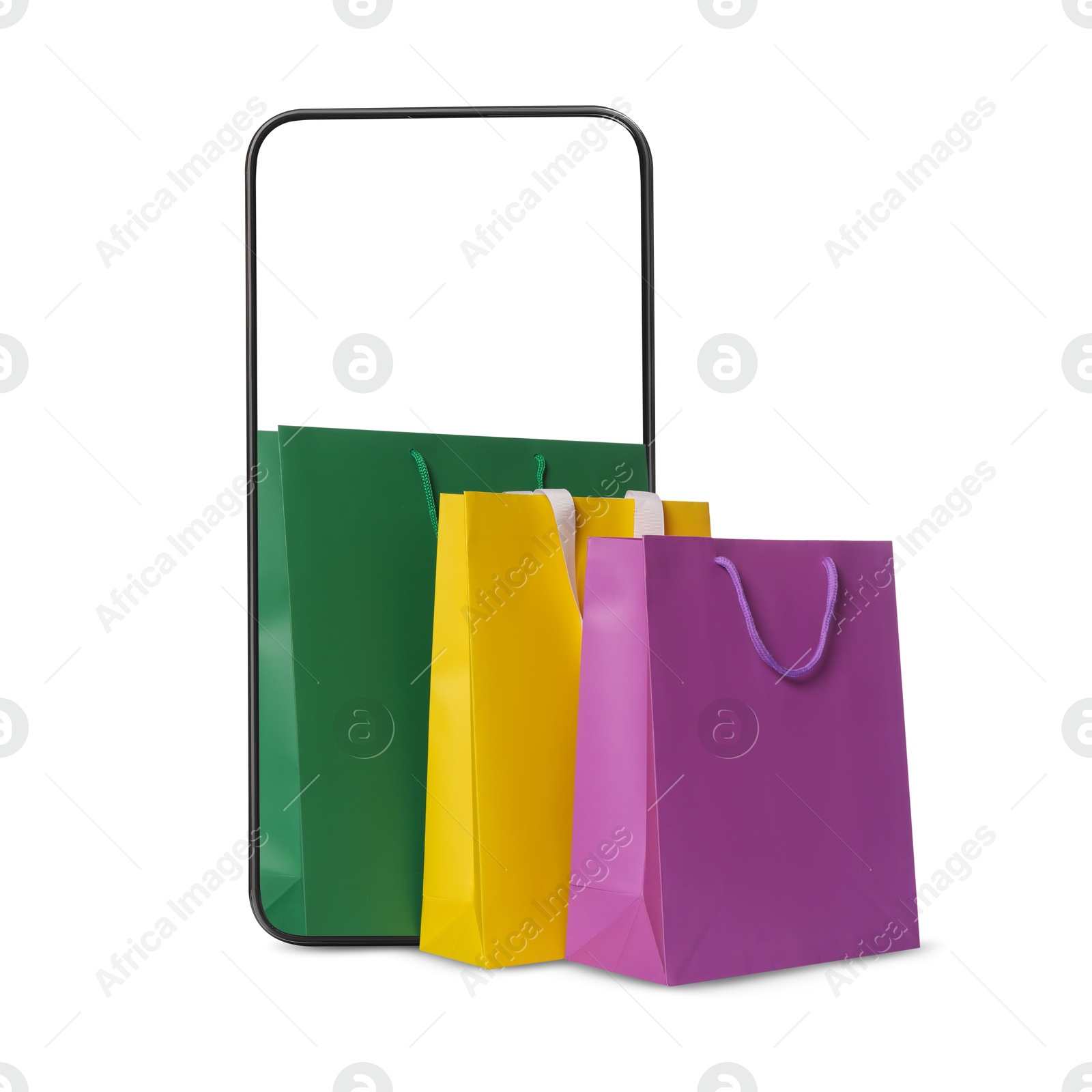 Image of Mobile phone with shopping bags isolated on white. Concept of online shopping, purchase via internet