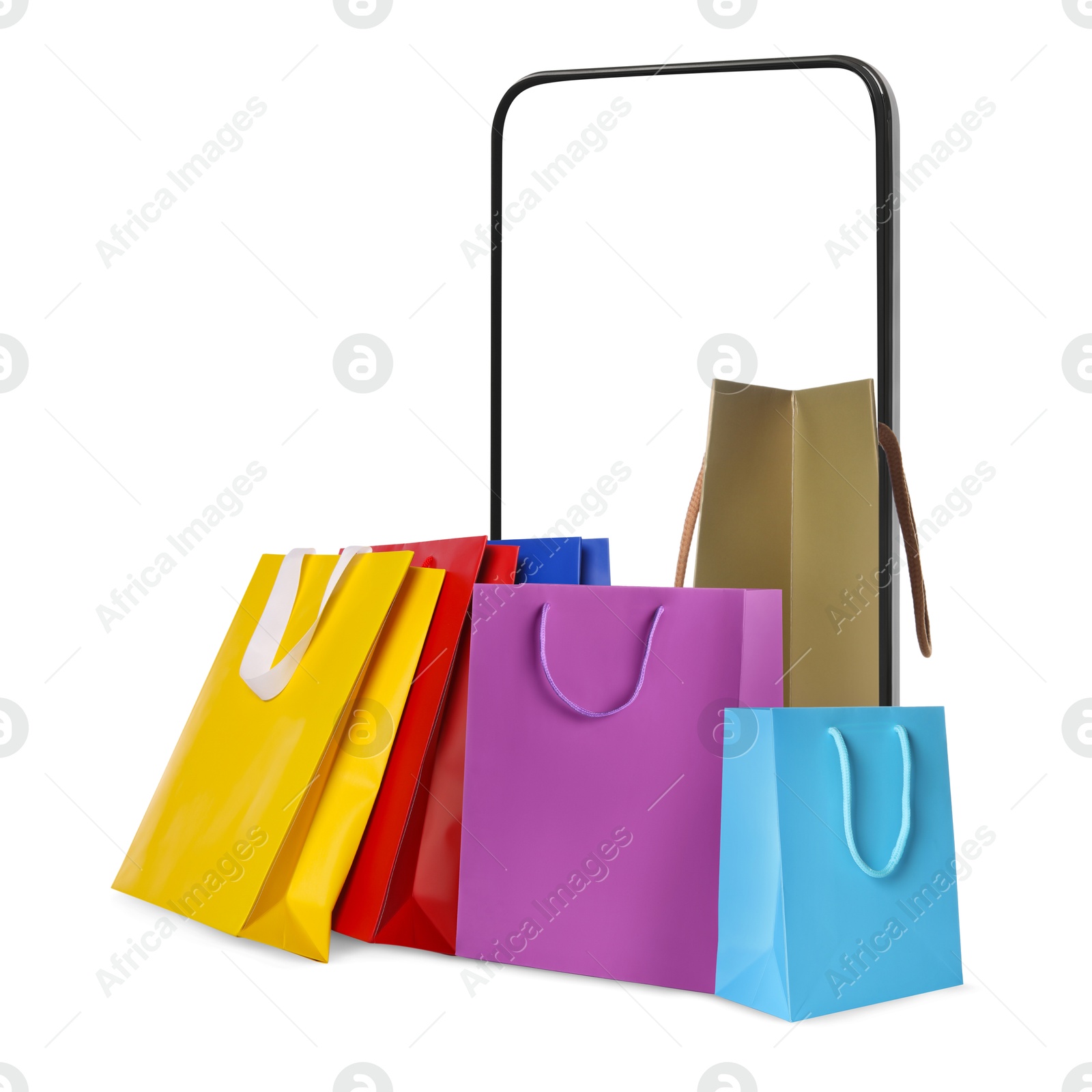 Image of Mobile phone with shopping bags isolated on white. Concept of online shopping, purchase via internet