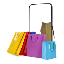 Image of Mobile phone with shopping bags isolated on white. Concept of online shopping, purchase via internet