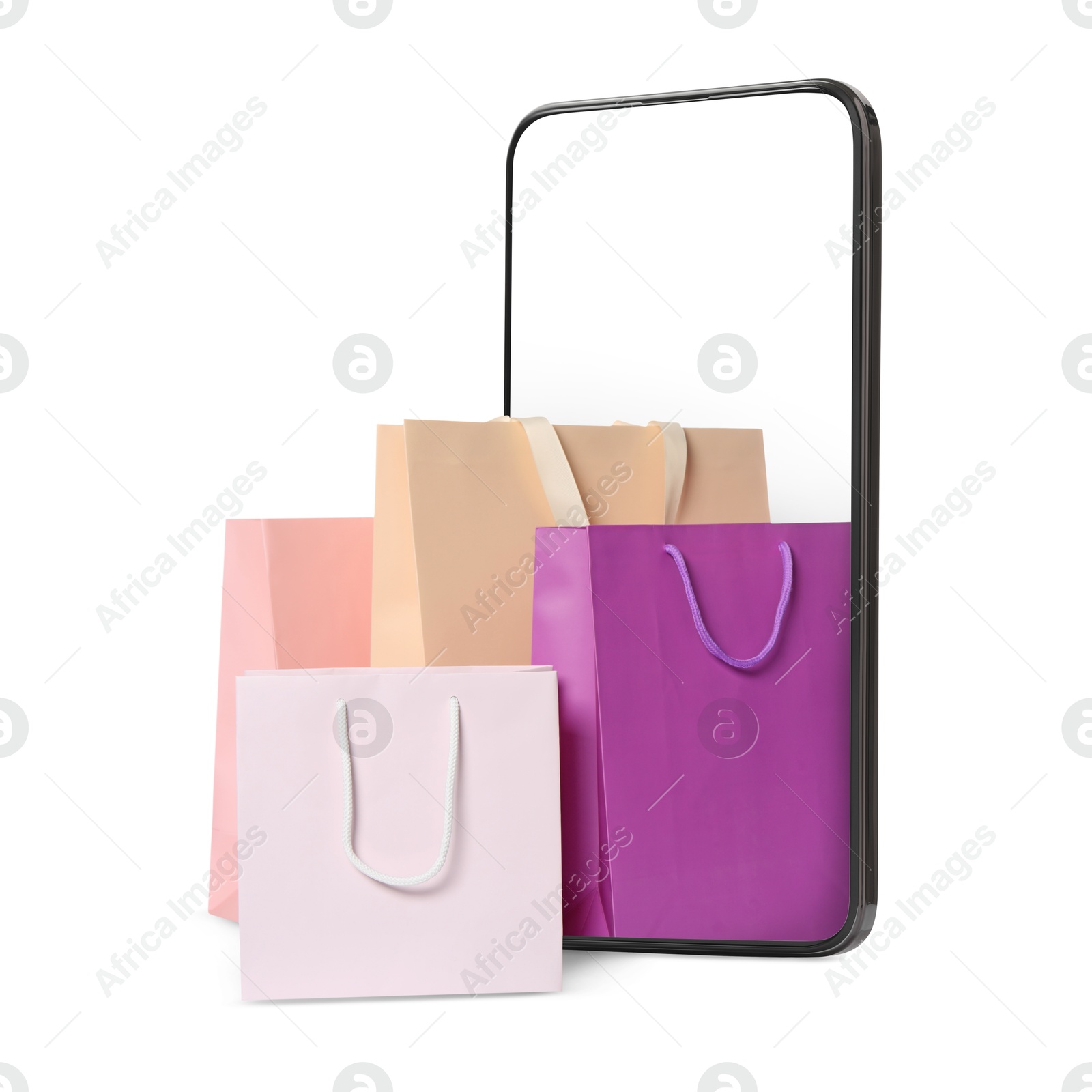 Image of Mobile phone with shopping bags isolated on white. Concept of online shopping, purchase via internet