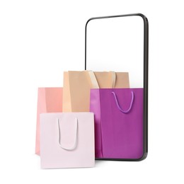 Image of Mobile phone with shopping bags isolated on white. Concept of online shopping, purchase via internet